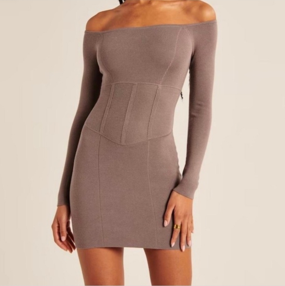 Abercrombie & Fitch Taupe Brown Off The Shoulder Corset Mini Sweater Dress
